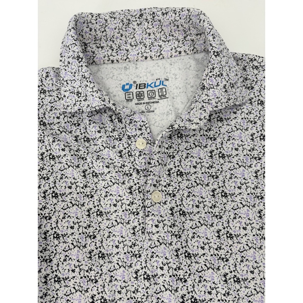 IBKUL Mens Polo Shirt Large Purple Black Abstract Print UPF 50 Quick Dry Golf